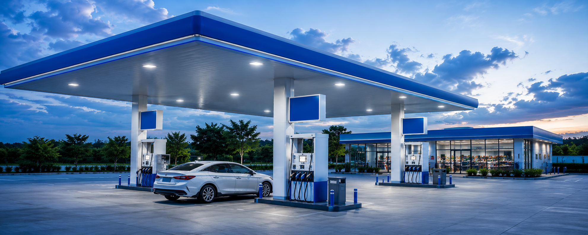 Petrol station forecourt in Malaysia with fuel pumps, representing shift reconciliation automation