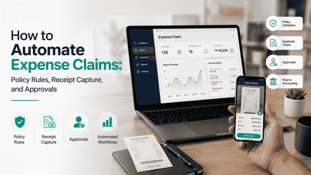 Expense claim automation workflow showing receipt capture, policy validation, approval, and accounting sync