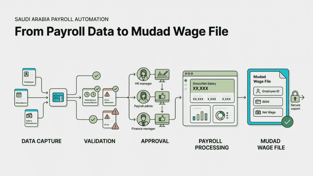 Payroll automation workflow in Saudi Arabia showing data capture, validation, approval, and Mudad wage file output